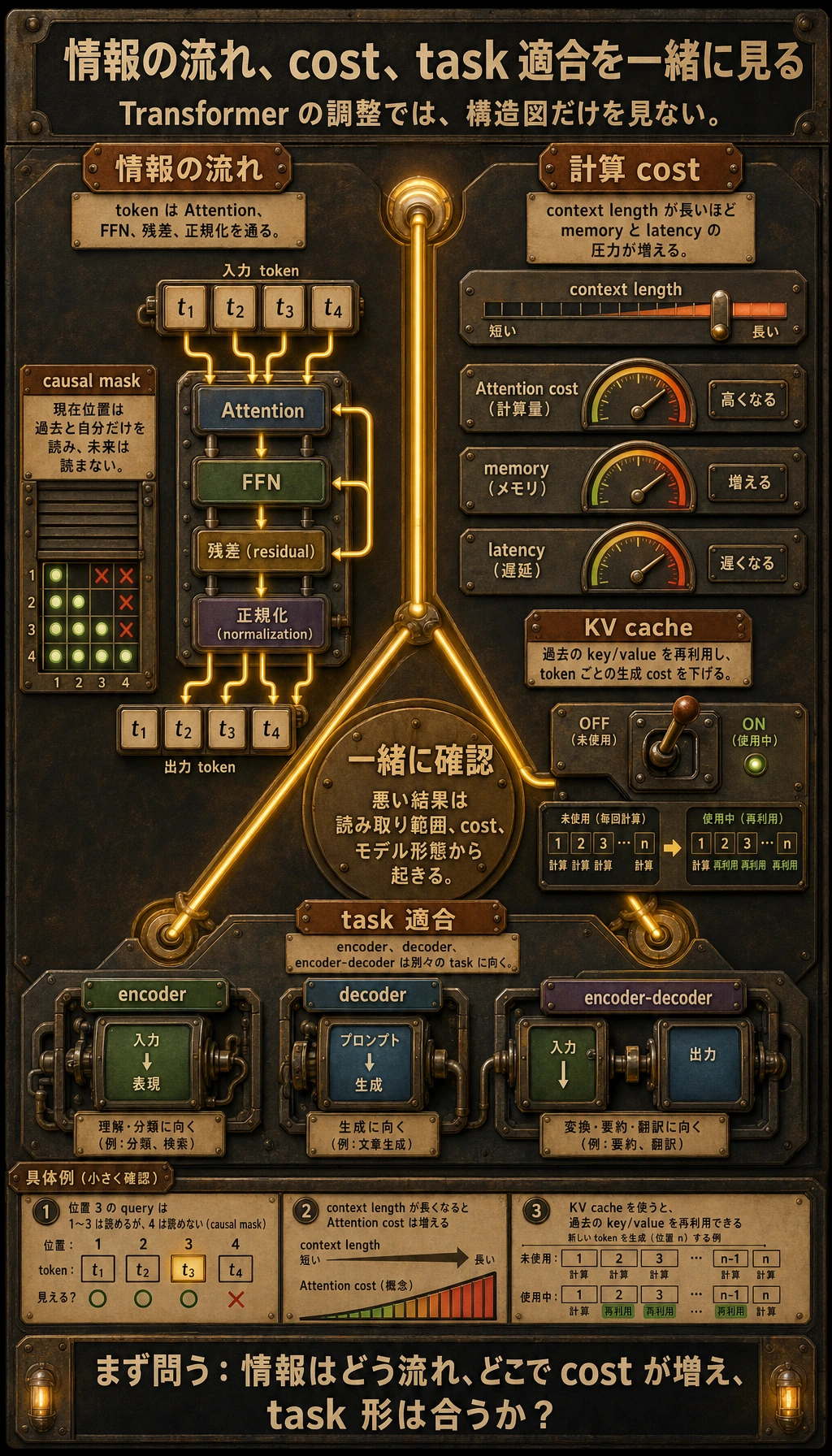 Transformer 情報フロー、計算コスト、タスク適合図