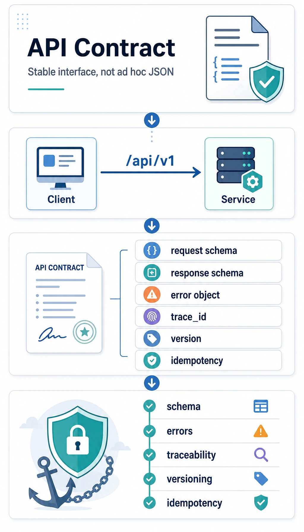 API contract, error structure, and version management diagram