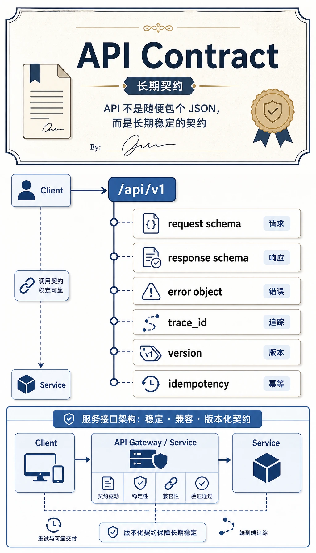 API 契约、错误结构与版本管理图