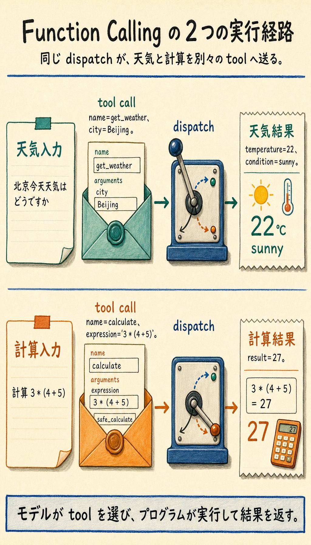 関数呼び出し の天気と計算機の実行結果図