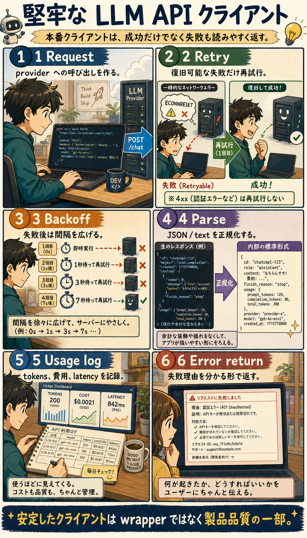 堅牢な LLM API クライアントループ図