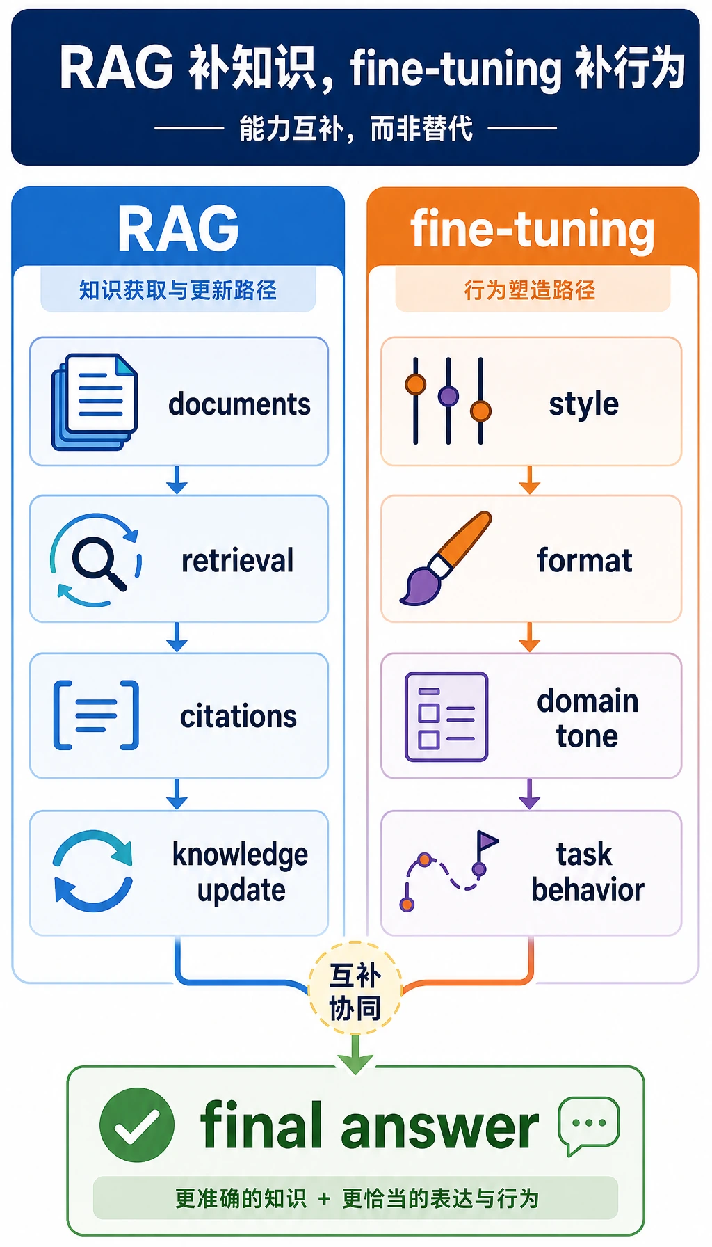 RAG 与微调职责拆分图