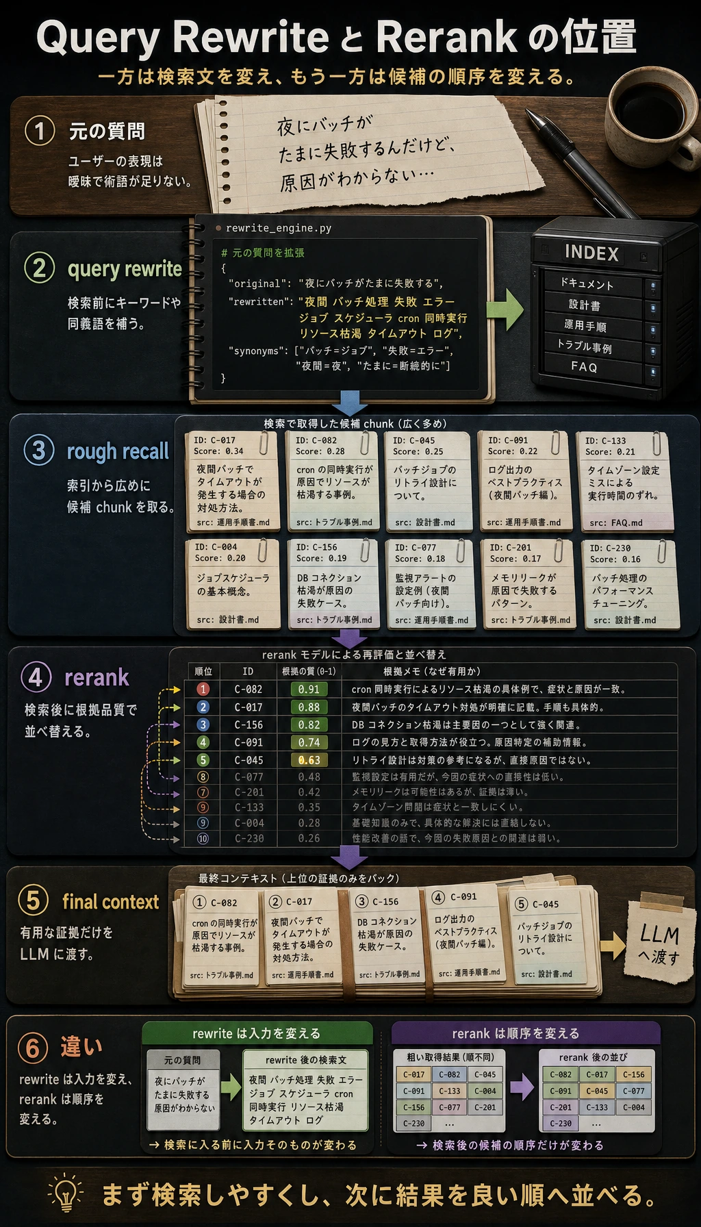 クエリ書き換え と Rerank の二段階ファネル図