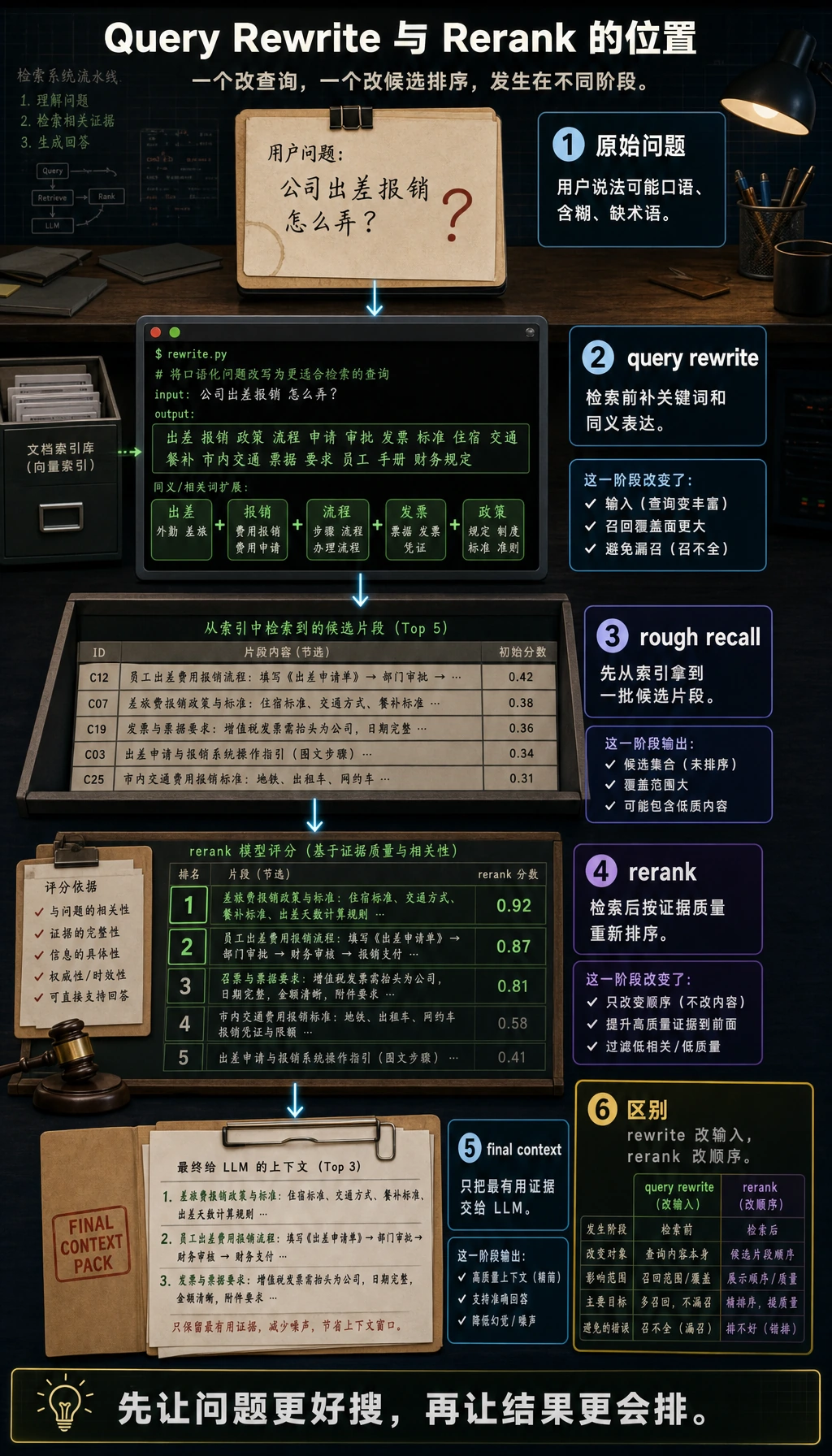 查询改写 与 Rerank 双阶段漏斗图