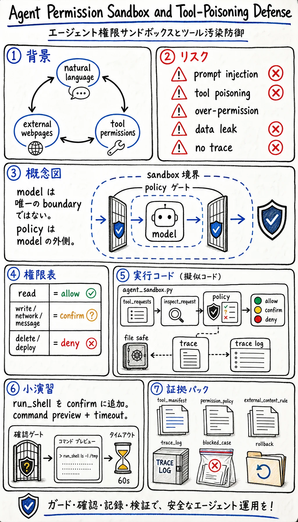 Agent 権限サンドボックスと安全ゲートの白板図