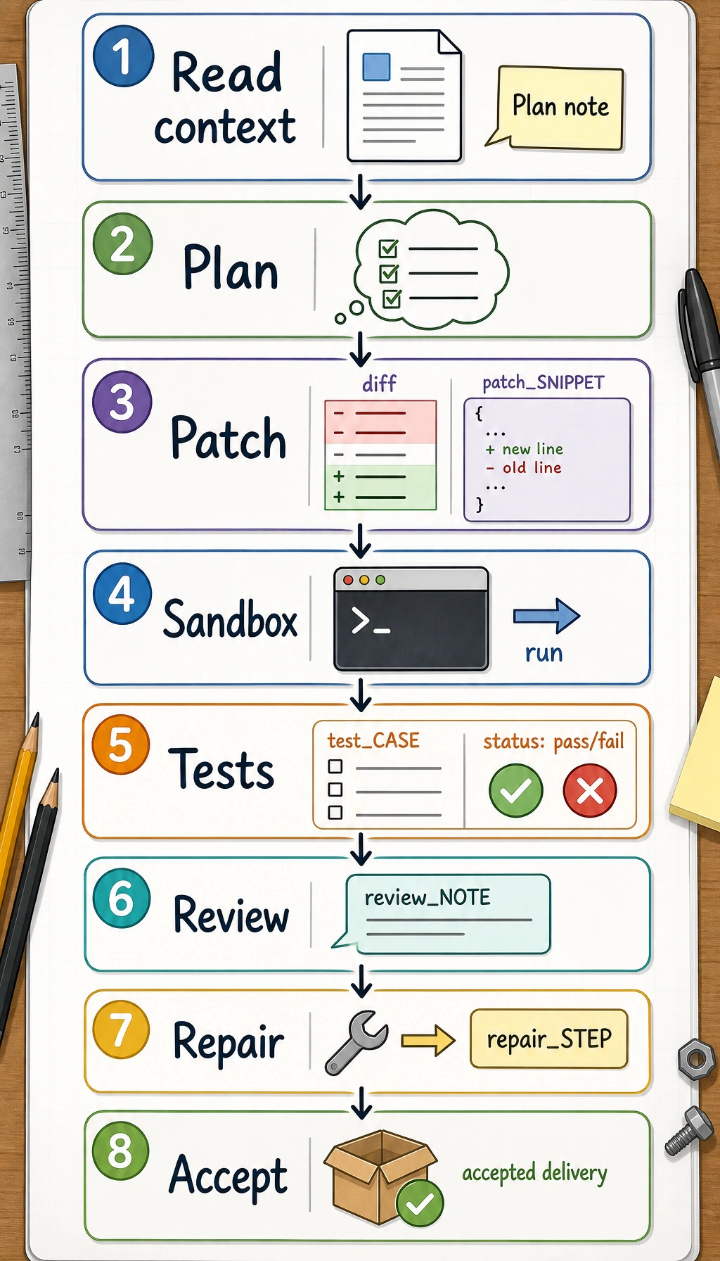 Code Agent sandbox, test, and review closed-loop diagram