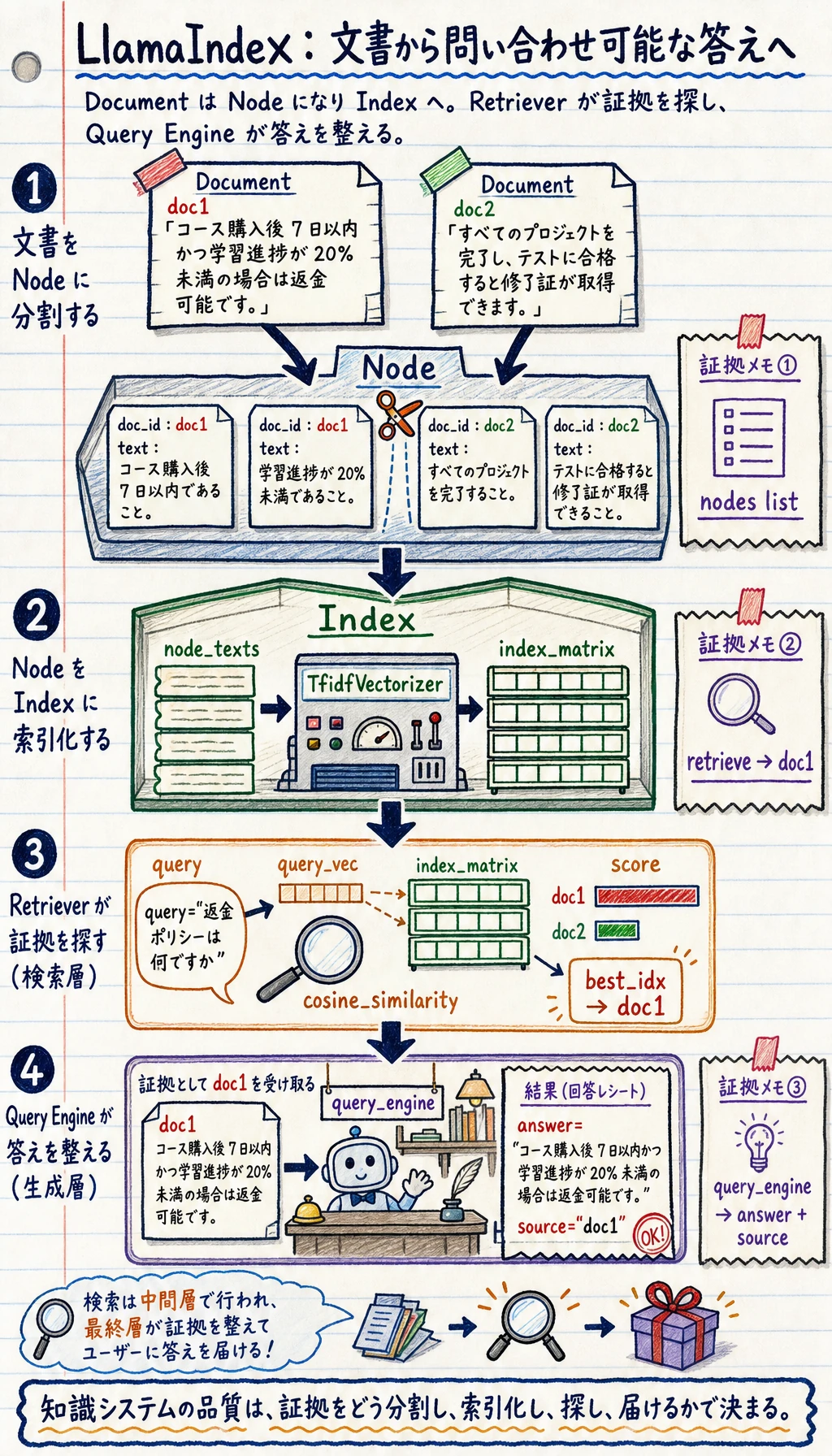 LlamaIndex 文書から問い合わせ可能な答えへの流れ