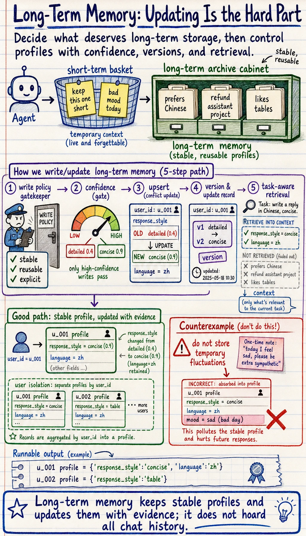 Long-term memory write, update, and confidence diagram