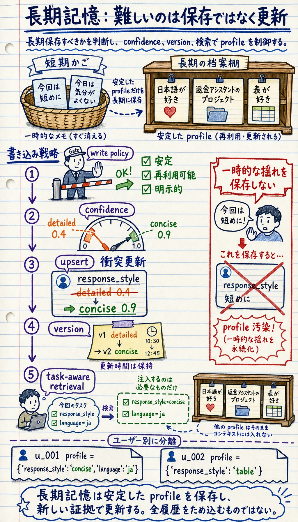 長期記憶の書き込み、更新、信頼度の図
