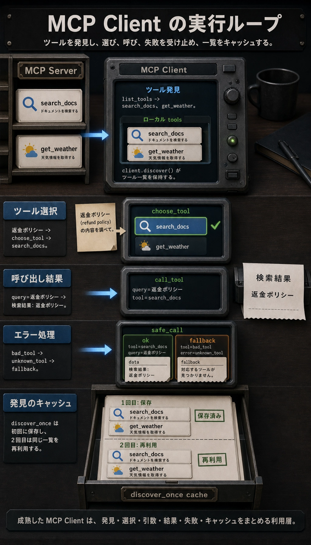 MCP クライアントの発見、呼び出し、キャッシュ結果図