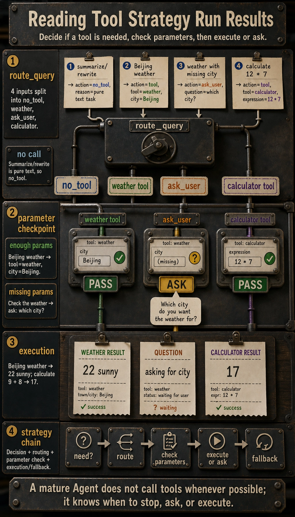 Tool strategy routing and execution result map