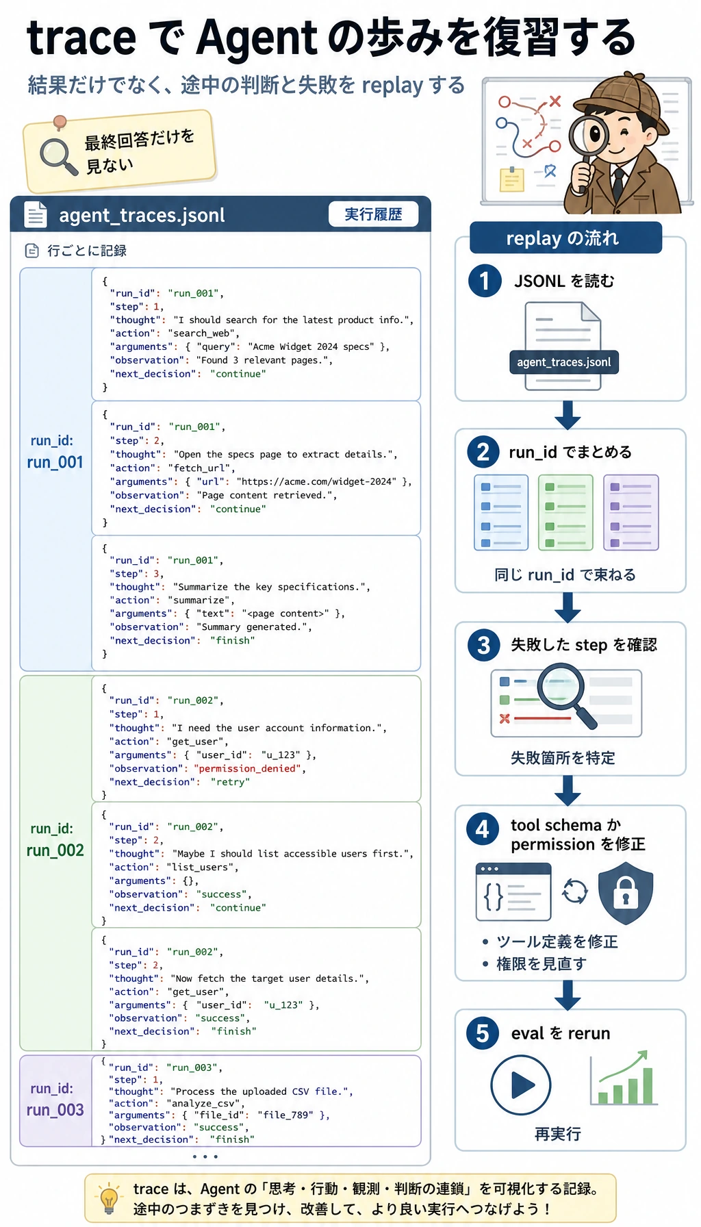 Agent ワークショップ トレース JSONL 復習図