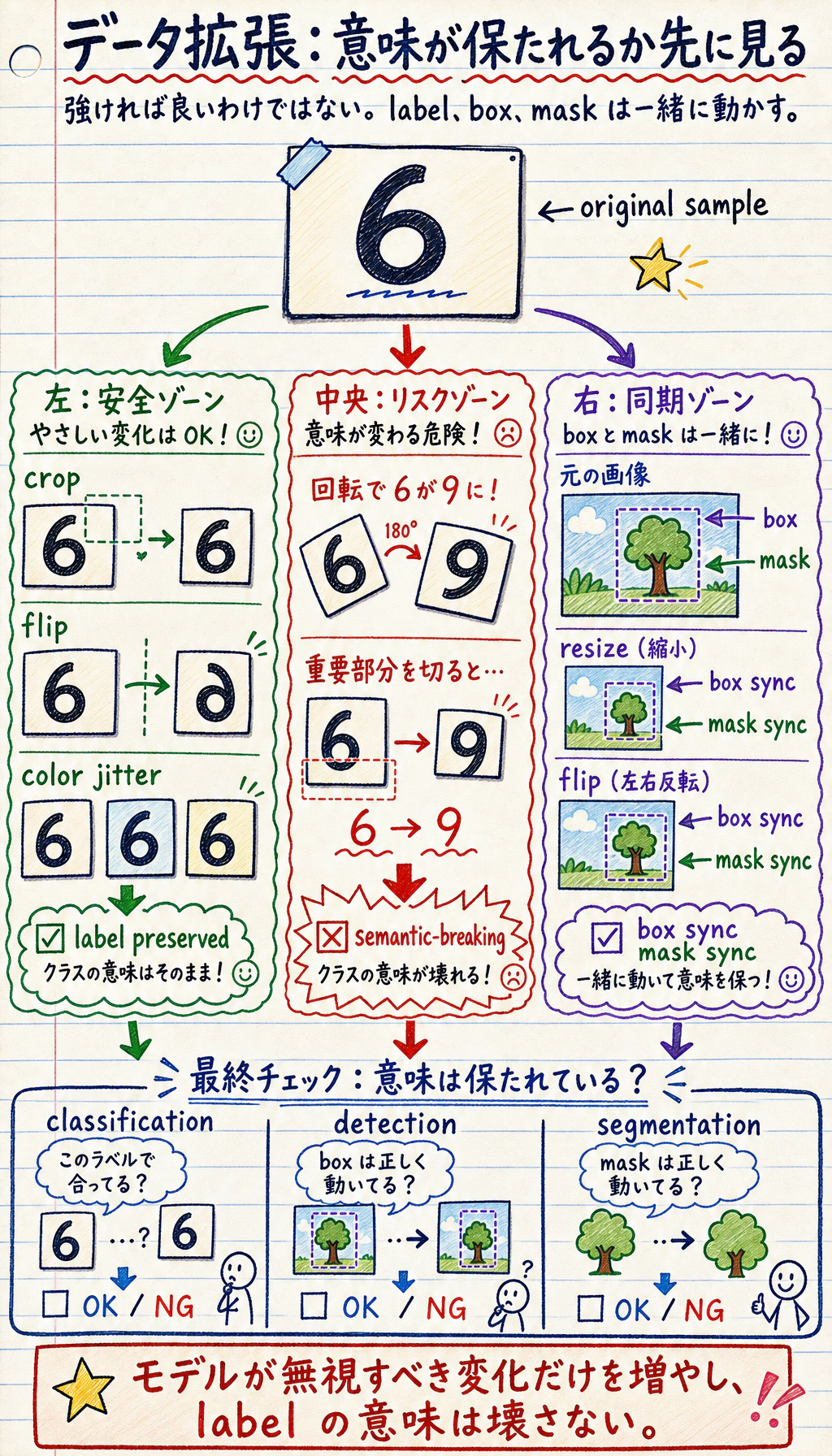 データ拡張の不変性と意味的リスクの図