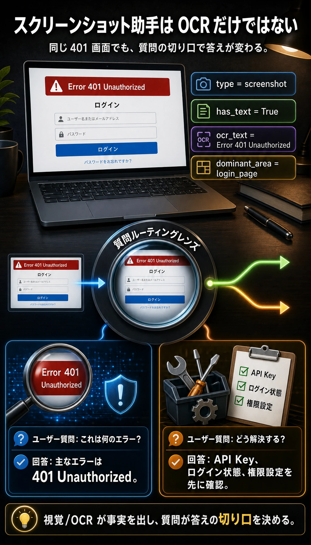 マルチモーダル screenshot assistant の OCR と質問角度の実行結果図