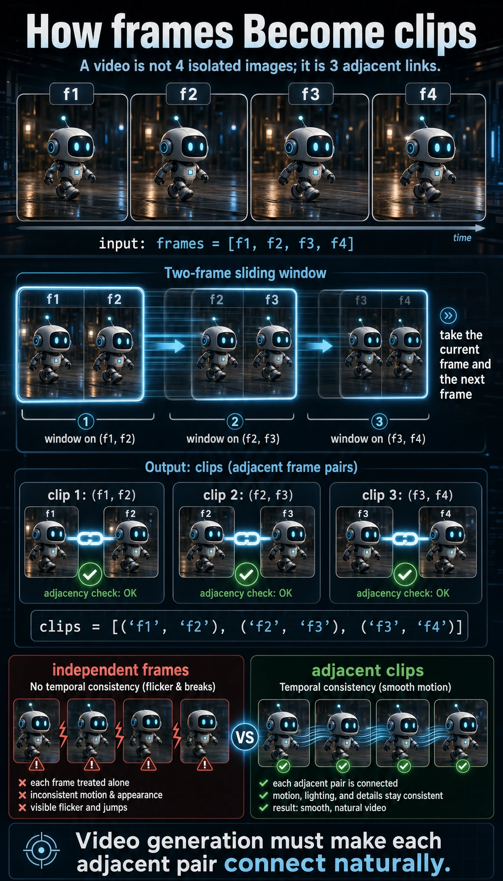 Video frames-to-clips adjacency result map