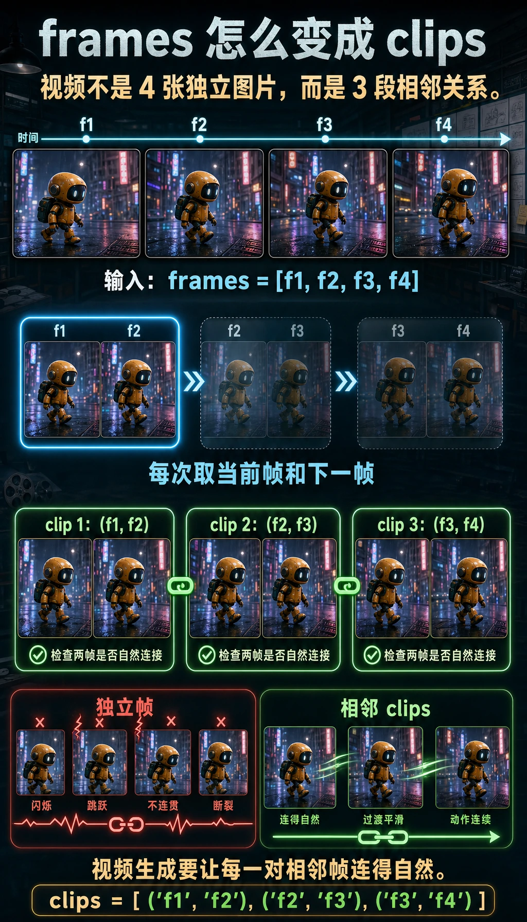 视频 frames 到 clips 相邻关系运行结果图