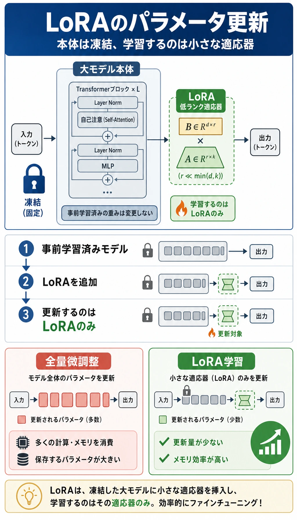 LoRA パラメータ更新の比較図