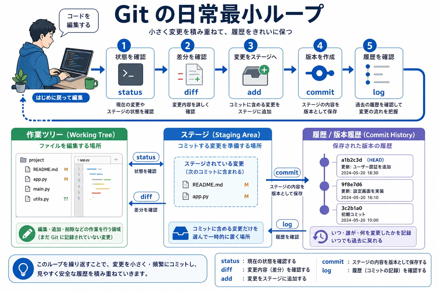 Git の日常最小ループ図