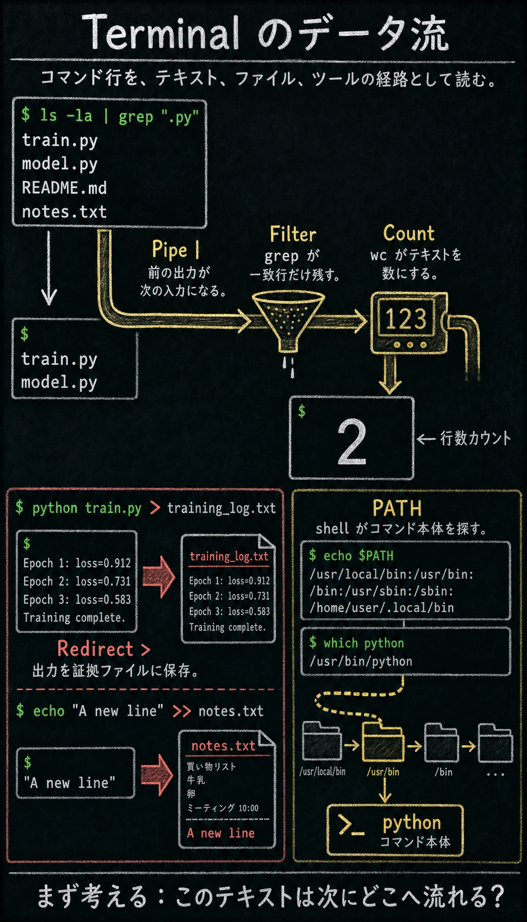 ターミナルのパイプ、リダイレクト、PATH のデータ流