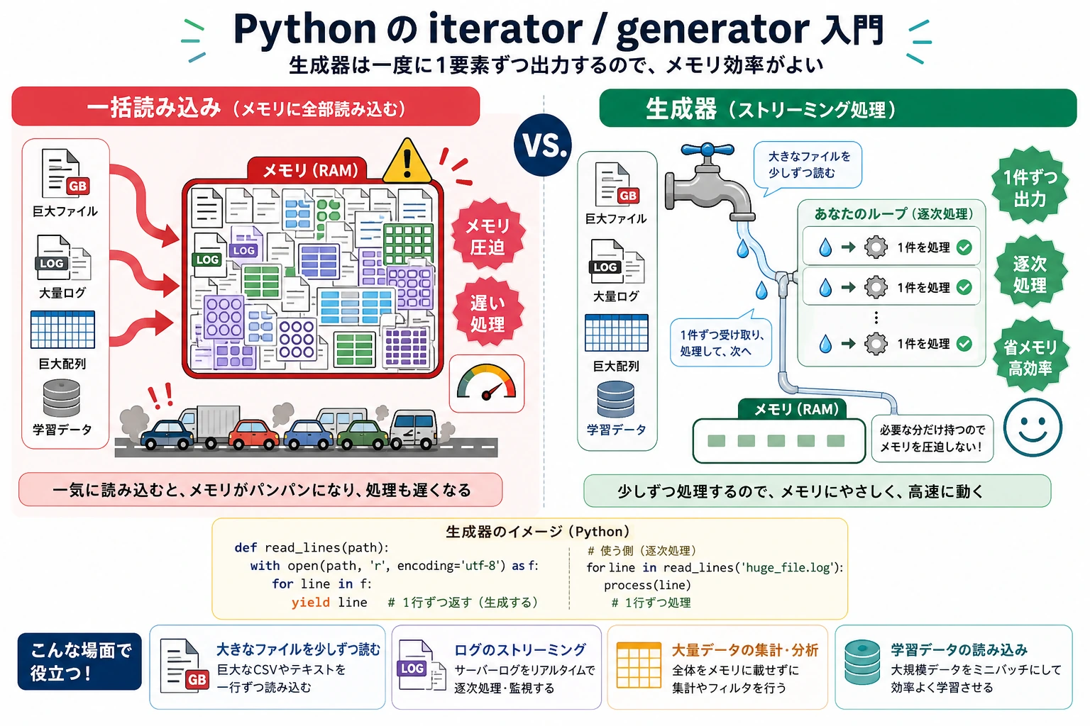 生成器によるストリーミングデータ処理図