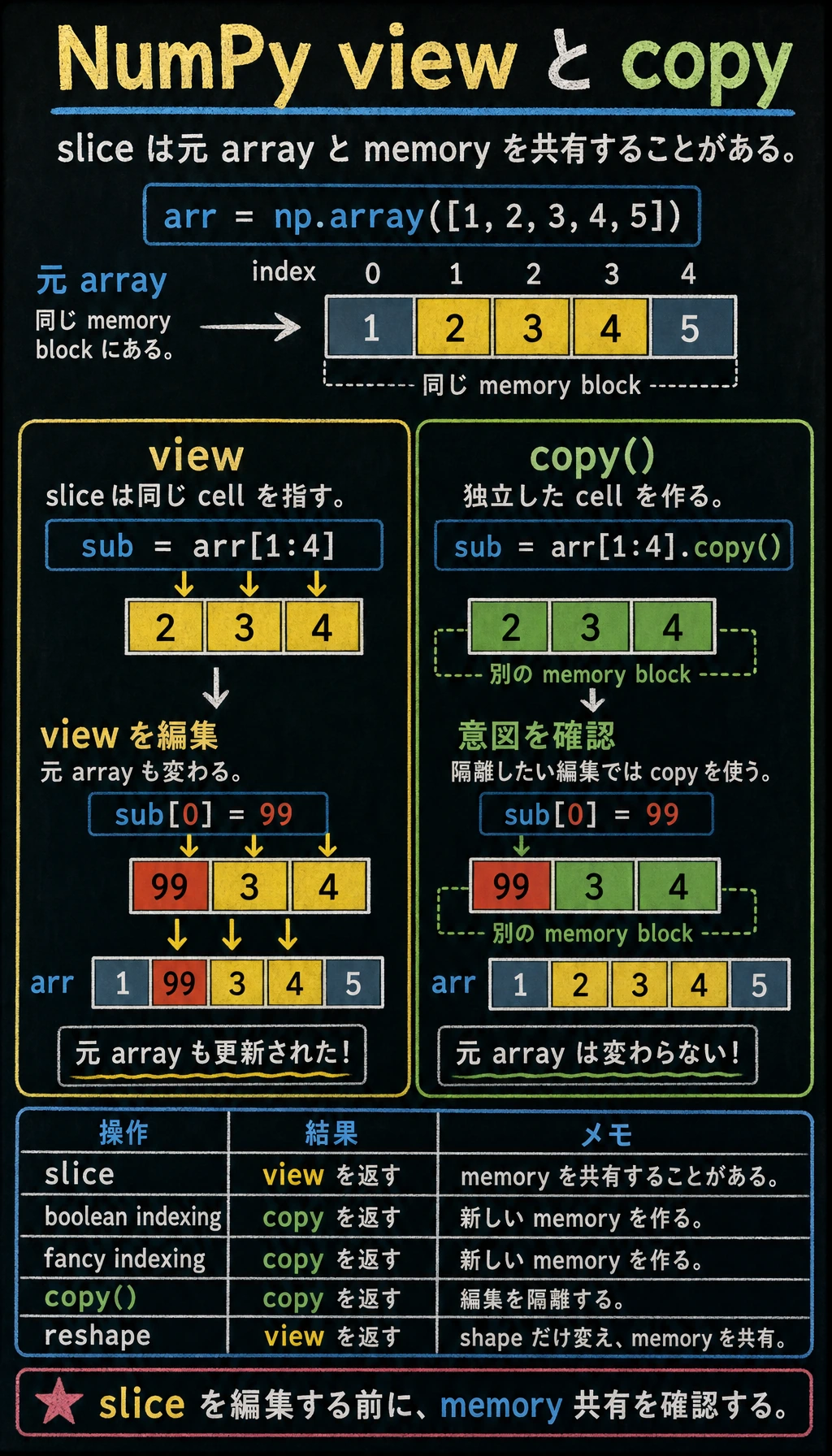 NumPy のビューとコピーの落とし穴図解