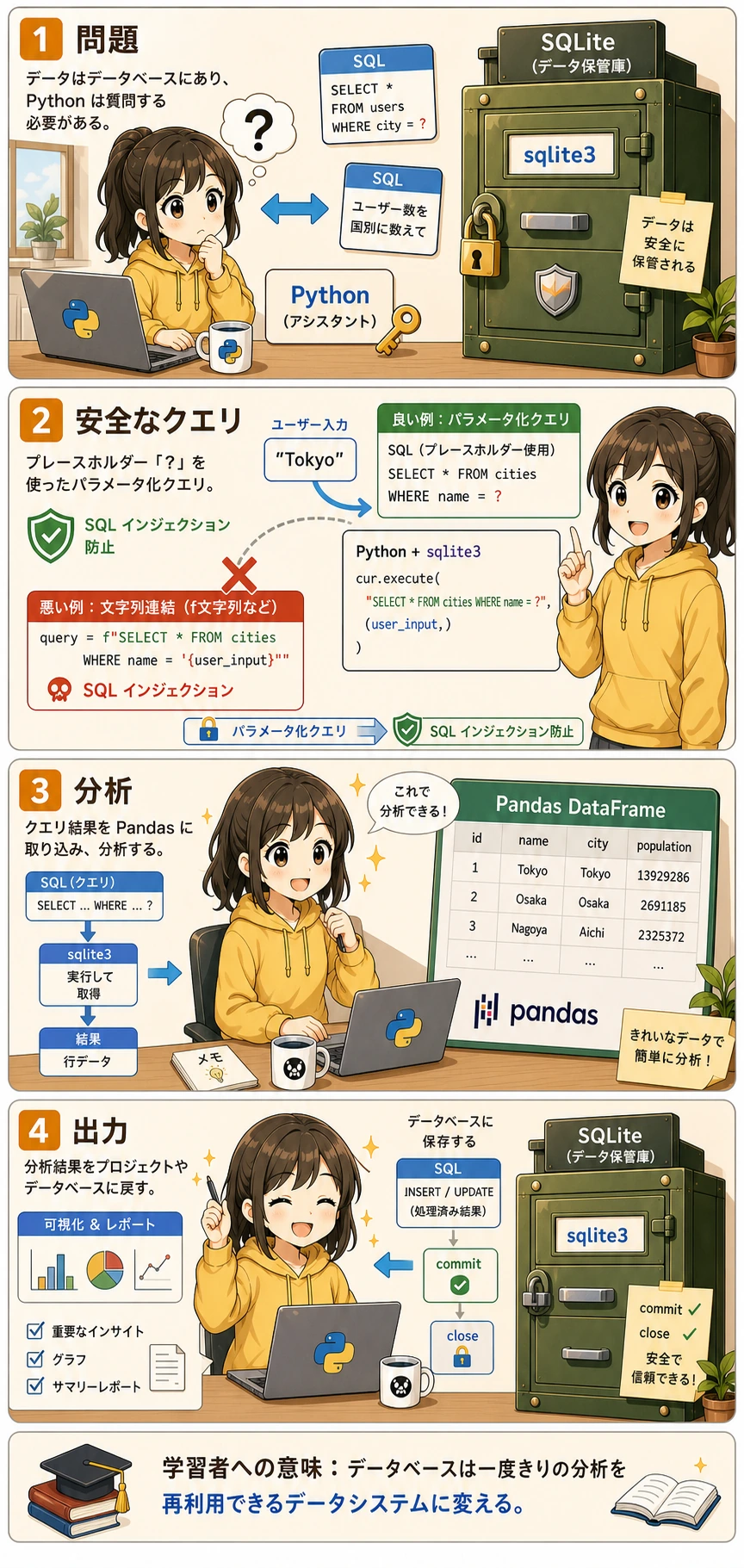 Python、SQL、SQLite、Pandas の安全な連携フロー