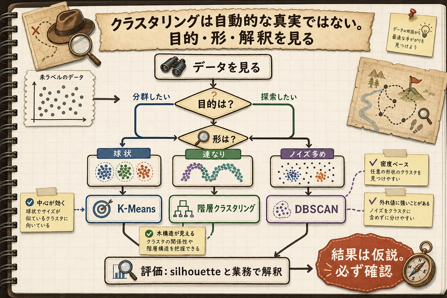 クラスタリングアルゴリズム選択フロー図