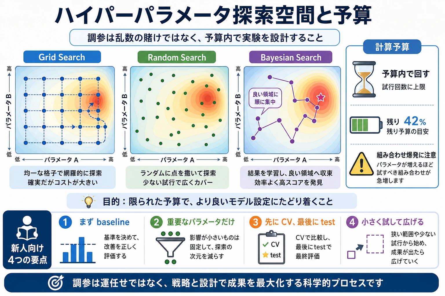 ハイパーパラメータ探索空間と予算の図