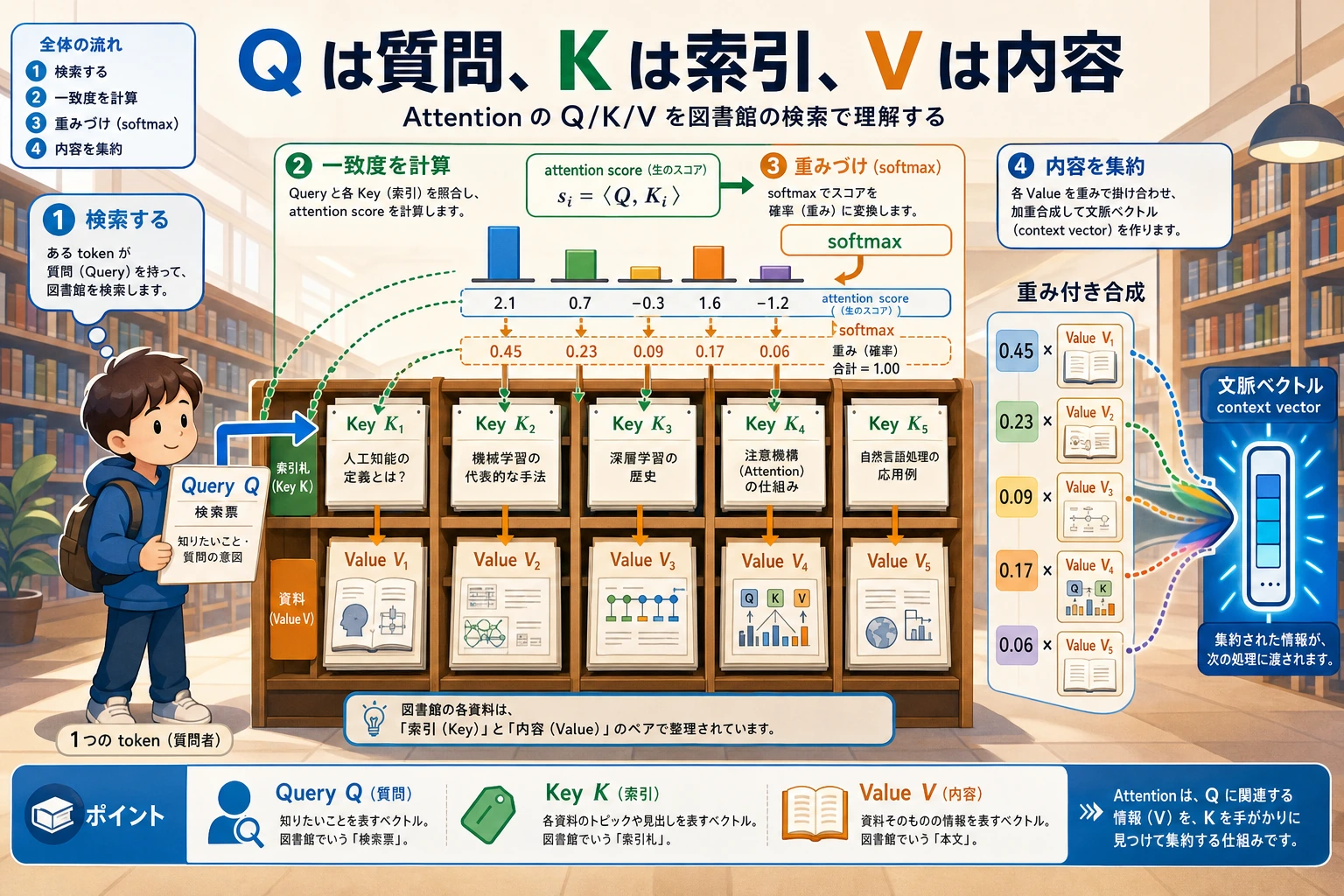 Attention QKV の図書館検索比喩図