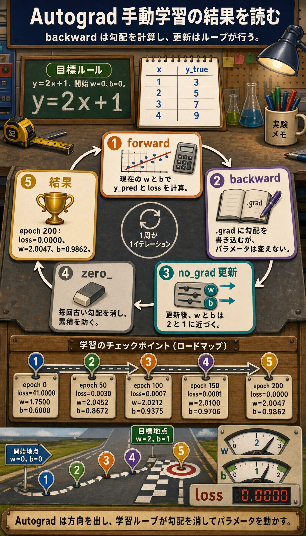 Autograd 2パラメータ手動学習結果図