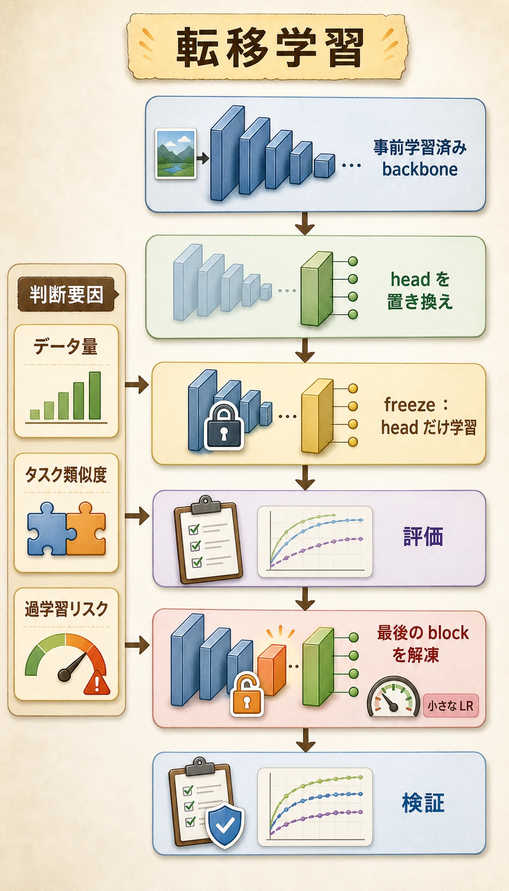転移学習で backbone を凍結するか、段階的に微調整するかの判断図