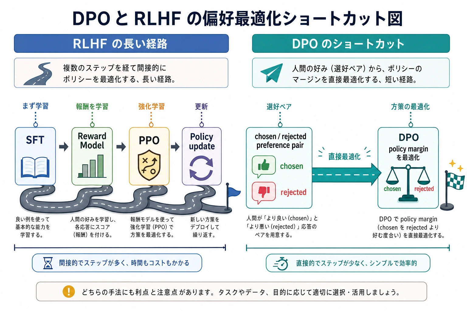 DPO と RLHF の偏好最適化ショートカット図