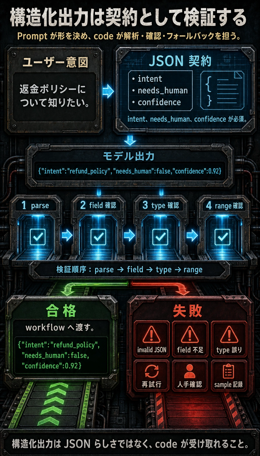 構造化出力の契約と検証の閉ループ図
