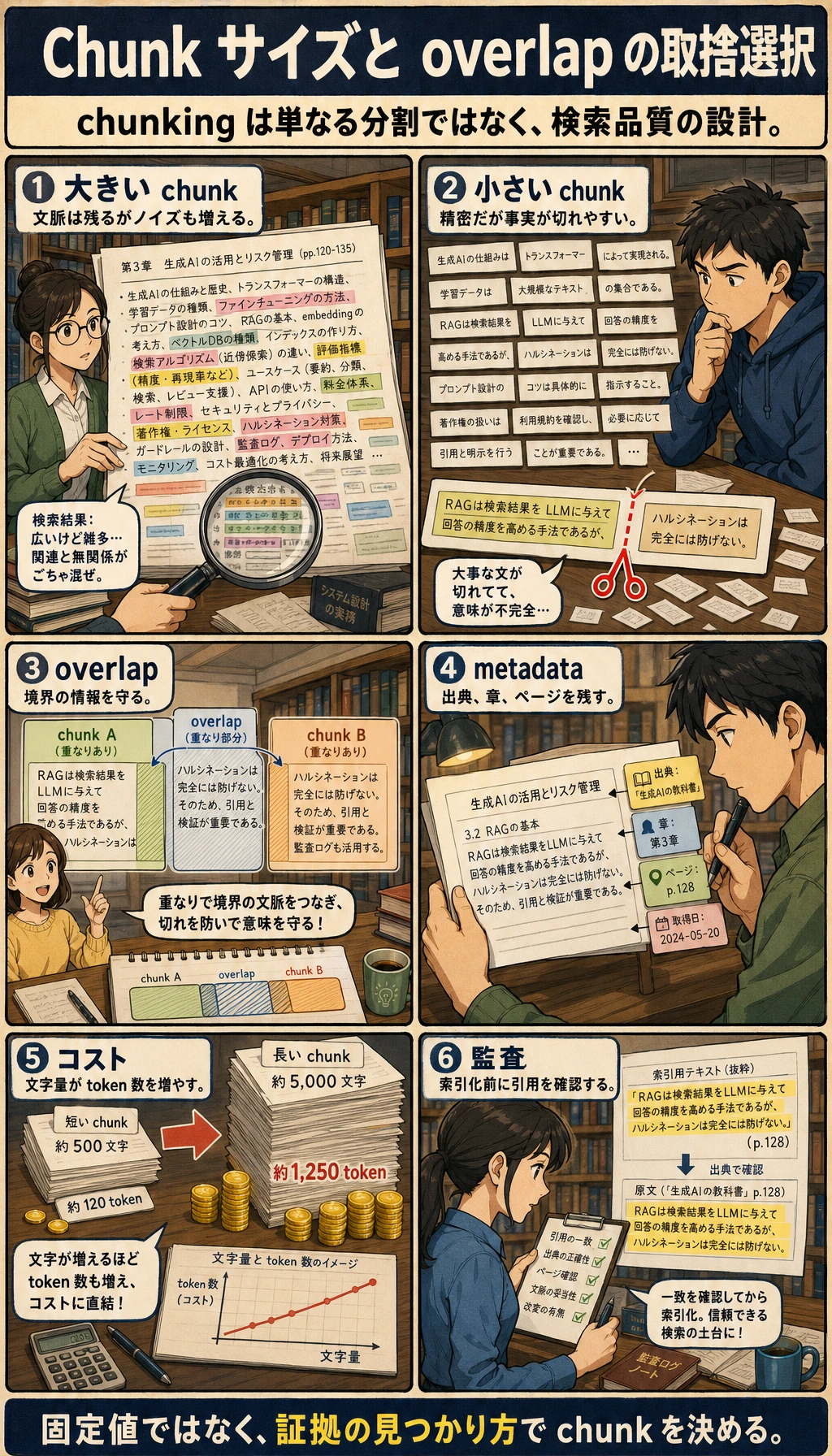 Chunk サイズと overlap のトレードオフ図