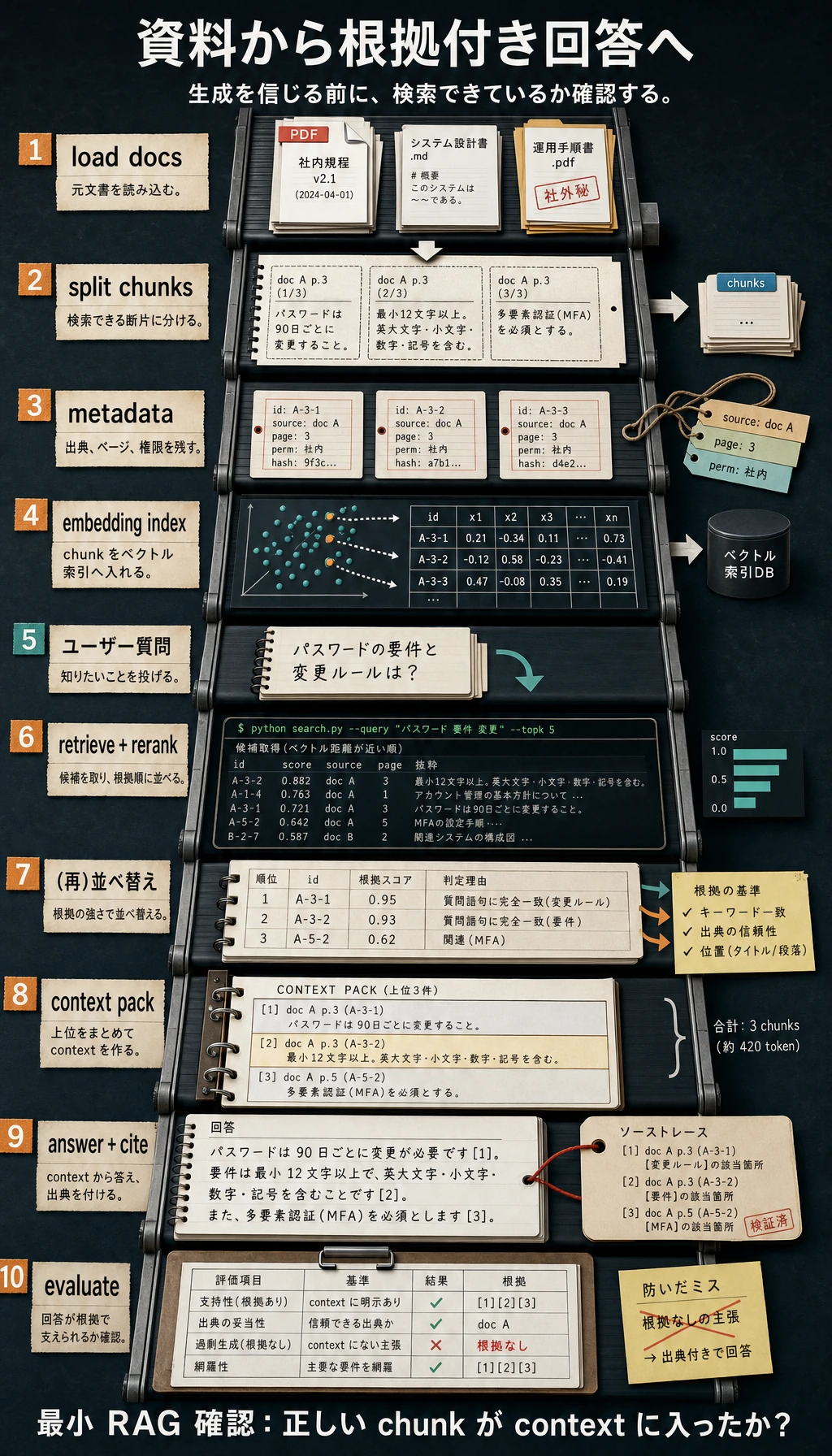 RAG で資料から回答へ進むパイプライン図
