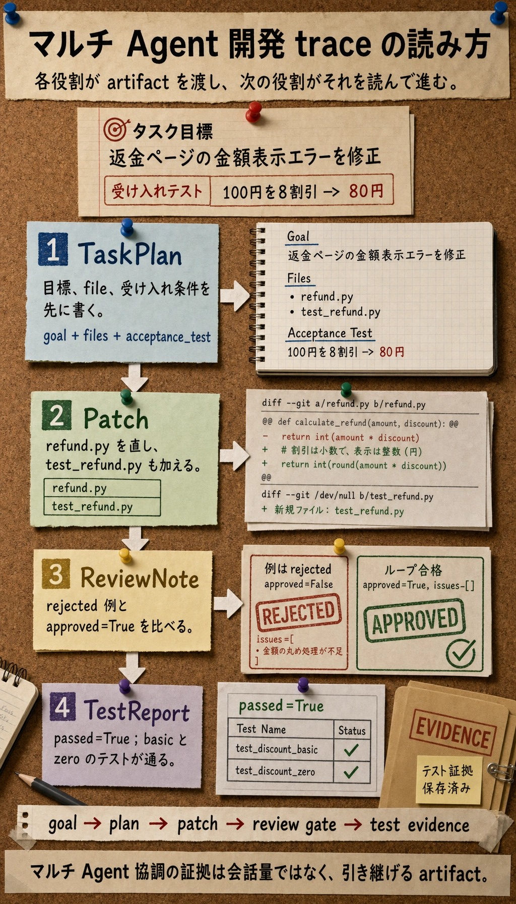 マルチ Agent 開発チームの artifact trace 結果図