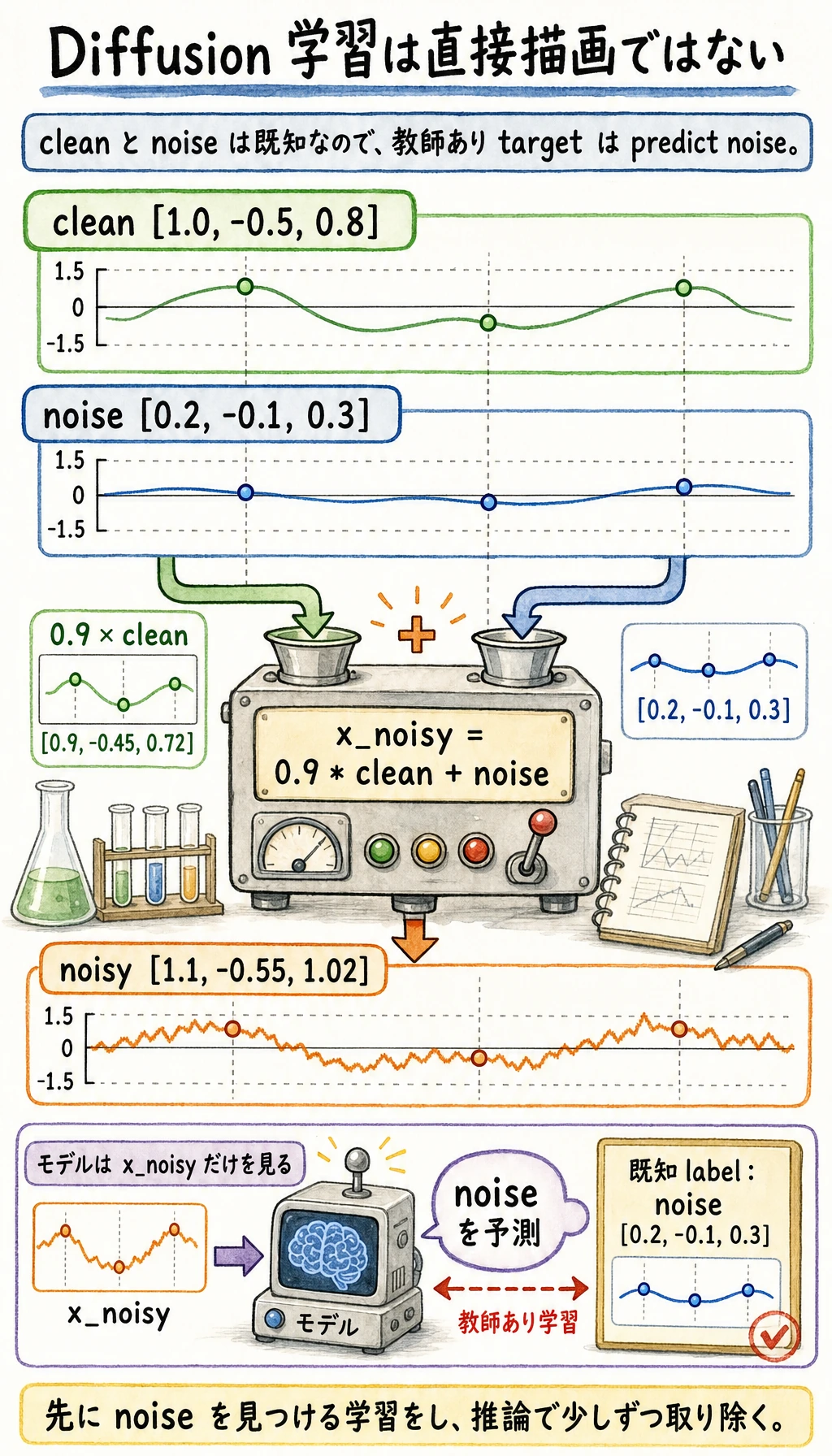 Diffusion の noise 予測学習 target 実行結果図
