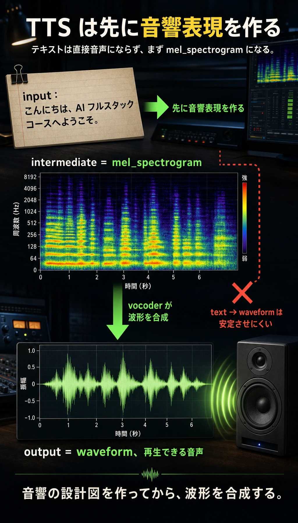 TTS の mel spectrogram から waveform への実行結果図