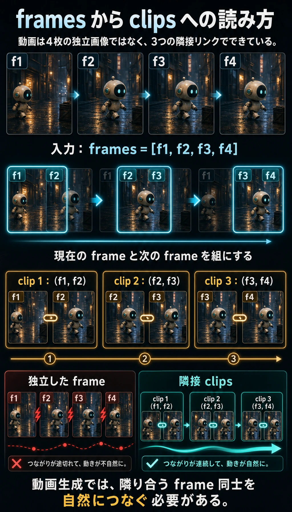 動画 frames から clips への隣接関係の実行結果図