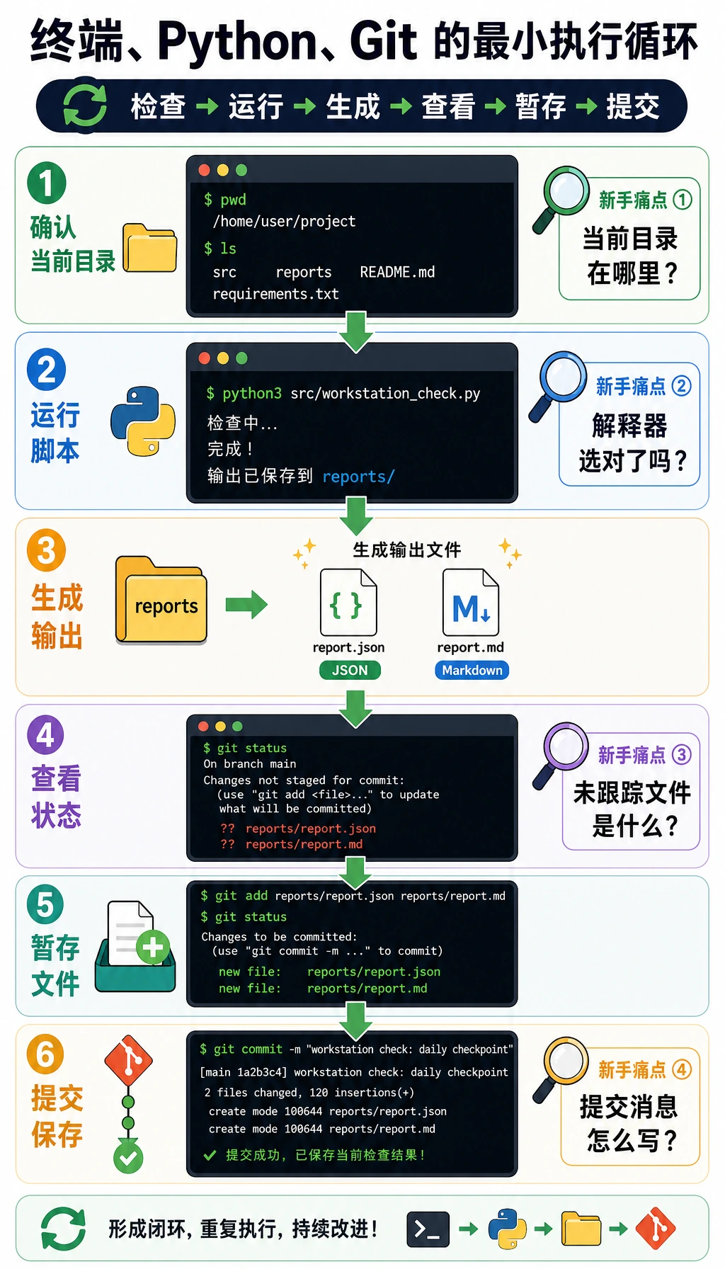 终端、Python 与 Git 执行循环图