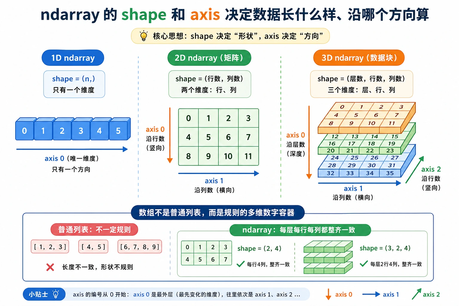 NumPy 数组 Shape 与 Axis 图