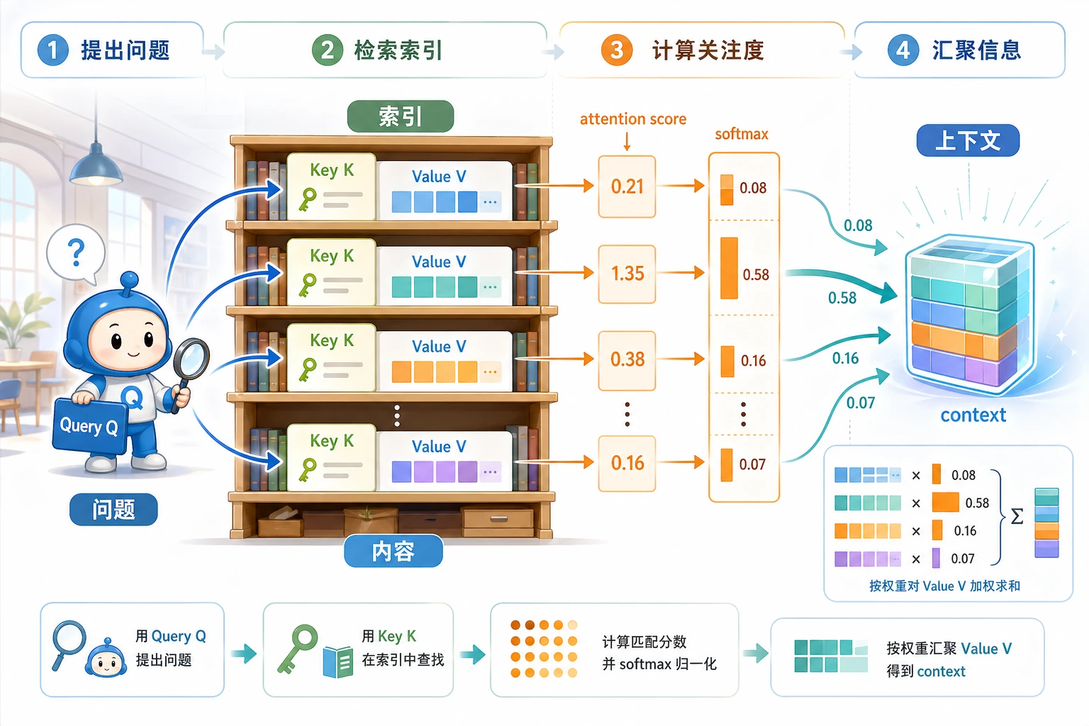 注意力 QKV 图书馆检索类比图