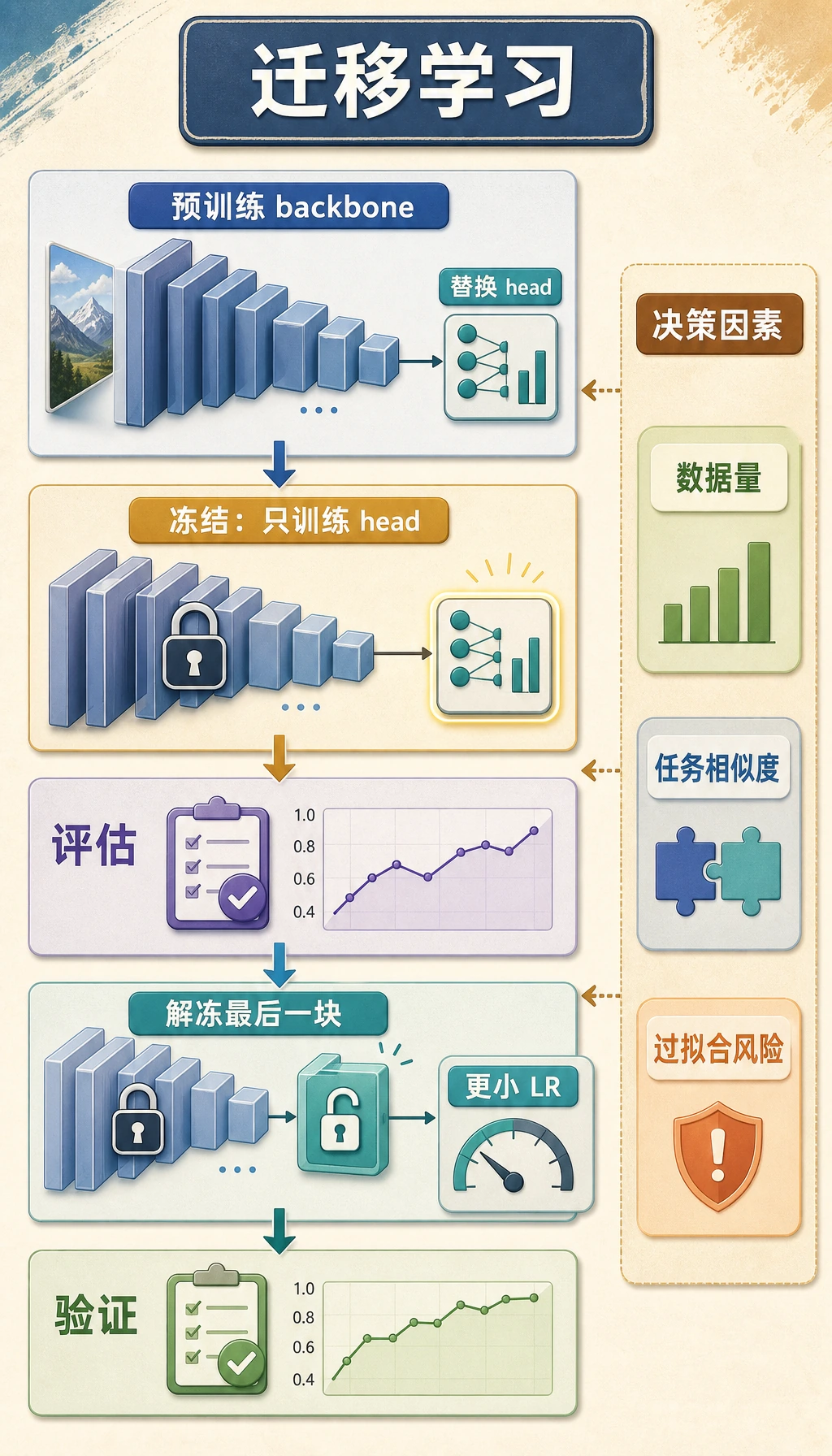 迁移学习冻结 backbone 与逐步微调决策图