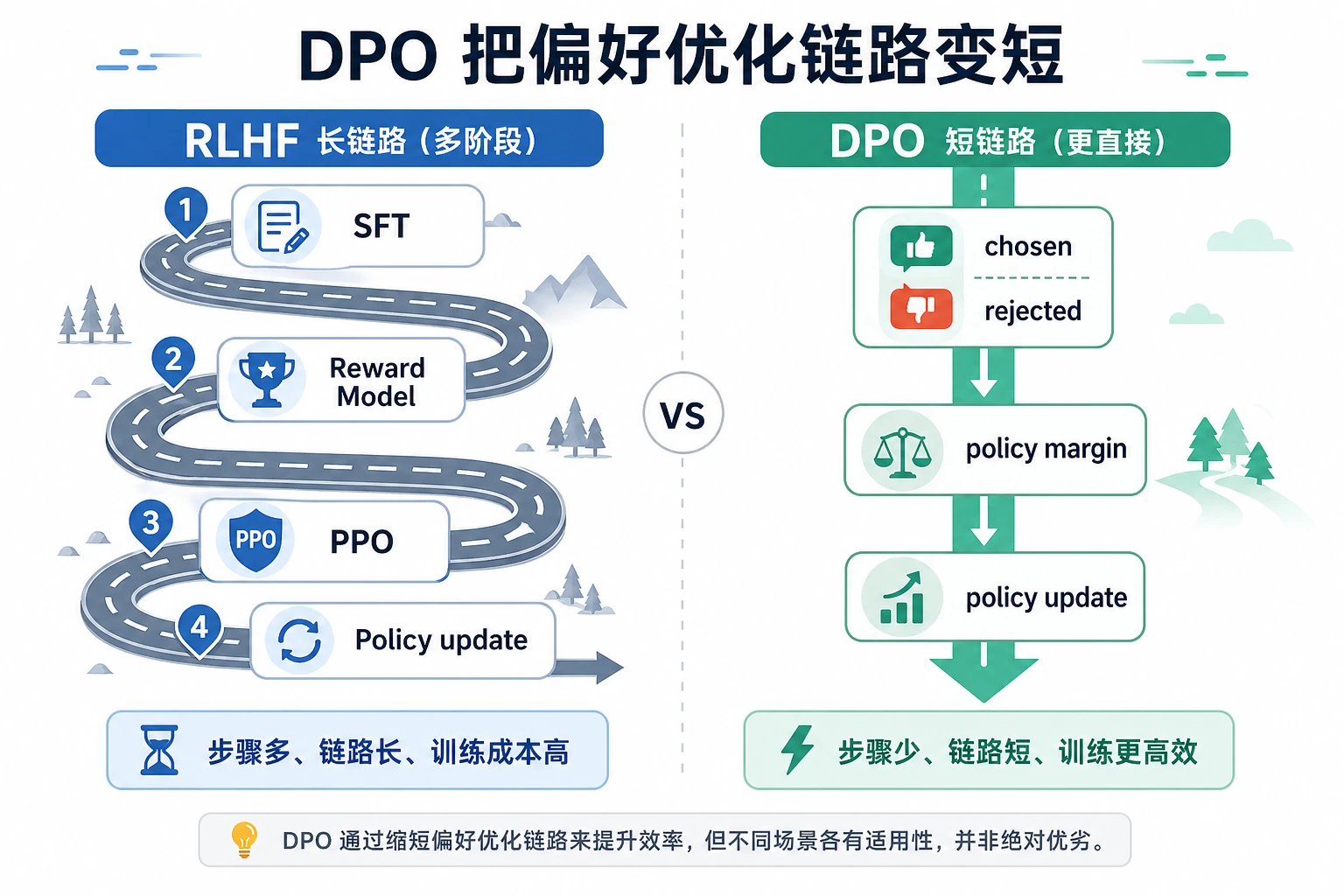 DPO 相比 RLHF 的偏好优化捷径图
