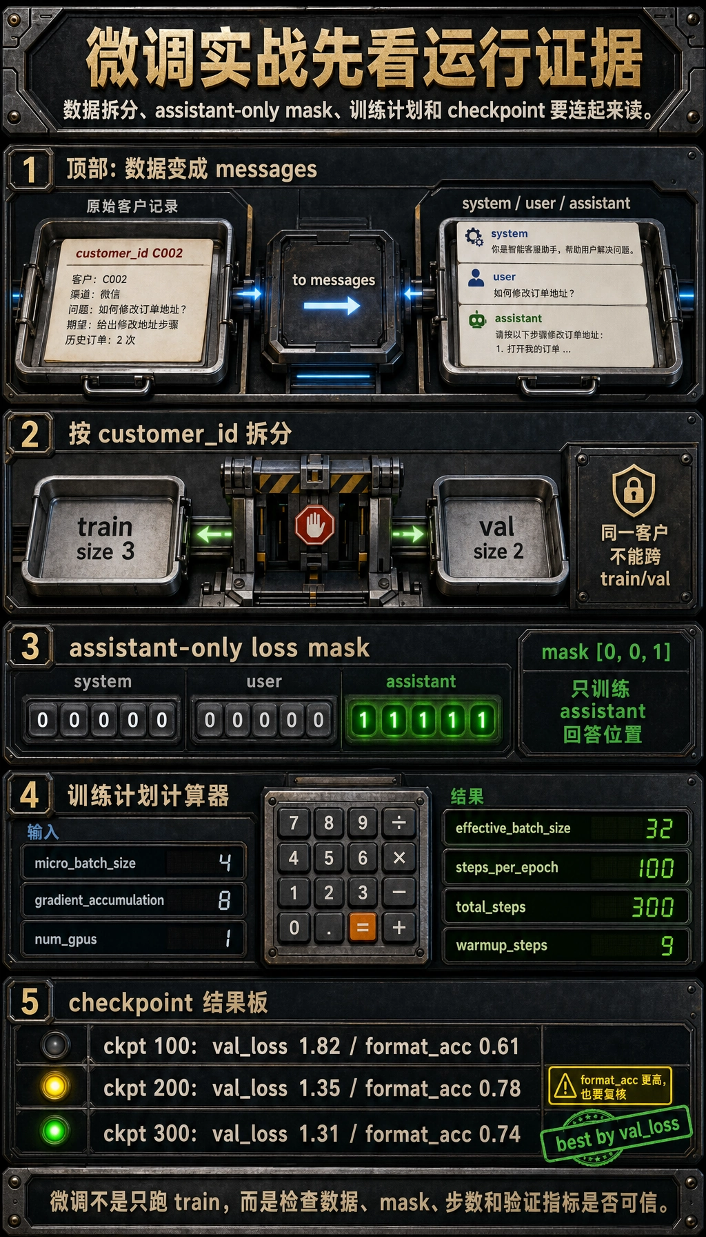 微调运行证据图：串联数据拆分、assistant-only loss mask、训练计划输出和 checkpoint 选择