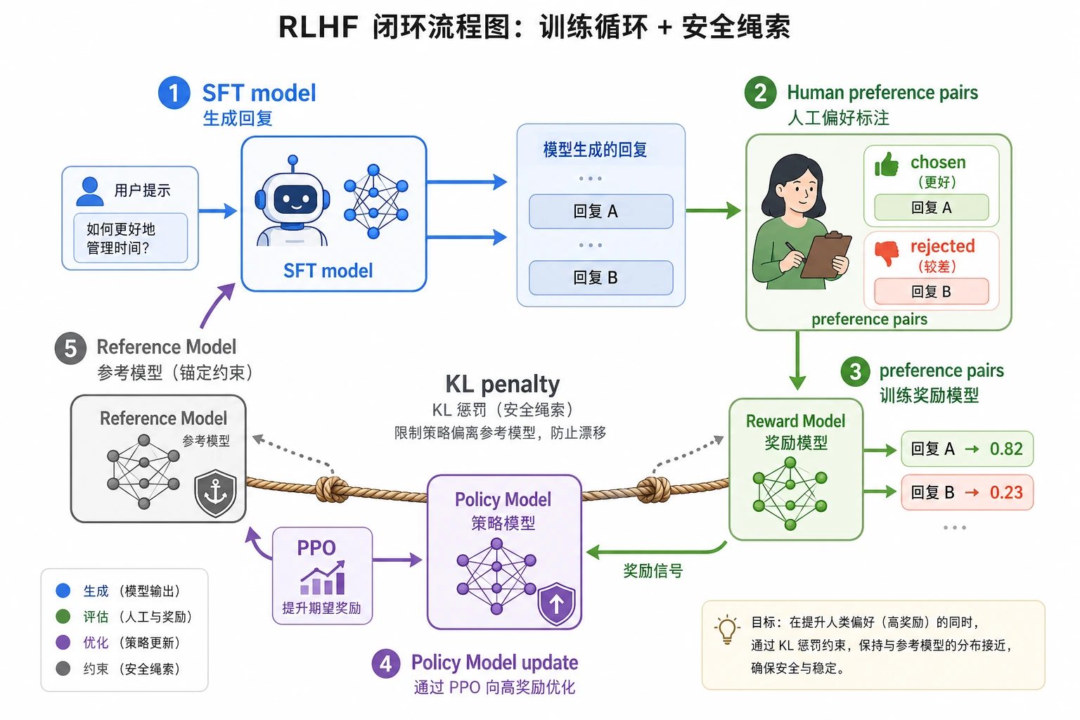 RLHF 奖励模型与 KL 约束闭环图