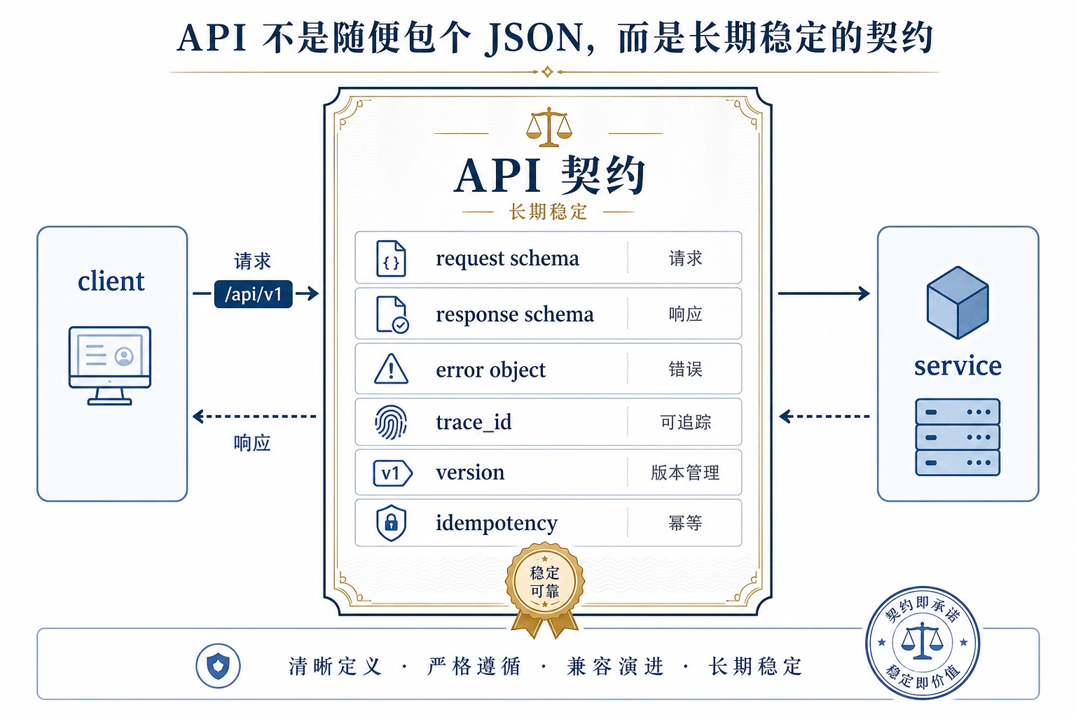API 契约、错误结构与版本管理图