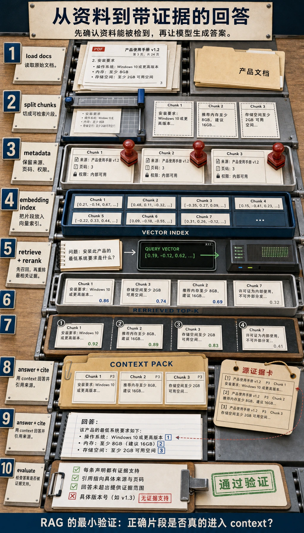 RAG 从资料到回答的流水线图